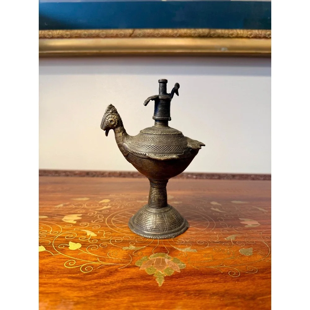 Antique‎ Indian Peacock Oil Lamp, Hand Cast Dhokra Brass Vessel